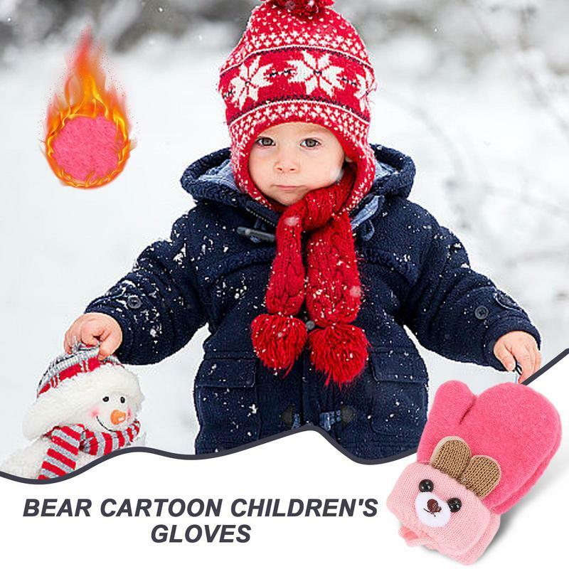 Sarung tangan rajut bayi beruang kartun lucu sarung tangan balita wol rajut musim dingin sarung tangan tali penuh hangat tebal untuk anak laki-laki anak perempuan balita 0-3 tahun