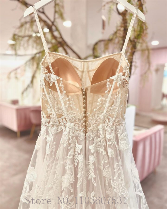 Vestido de casamento com apliques florais sem alças para mulheres, tule, plissado, linha A, ilusão, vestido de princesa