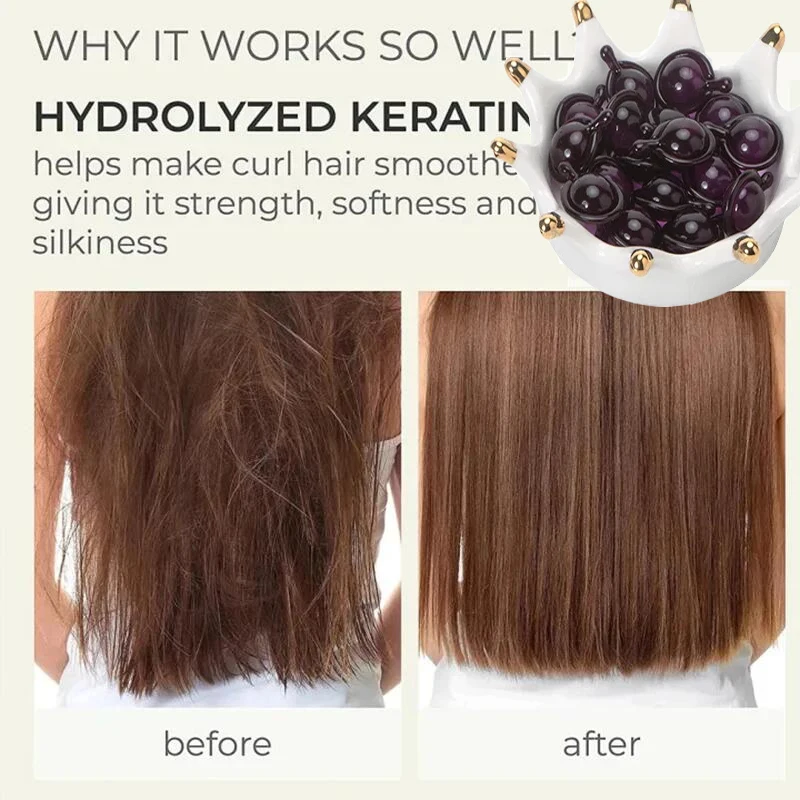 Produk perawatan kulit kepala berkilau, kapsul Vitamin rambut perbaikan rambut keriting kasar lembut mengurangi kerusakan dalam melembabkan