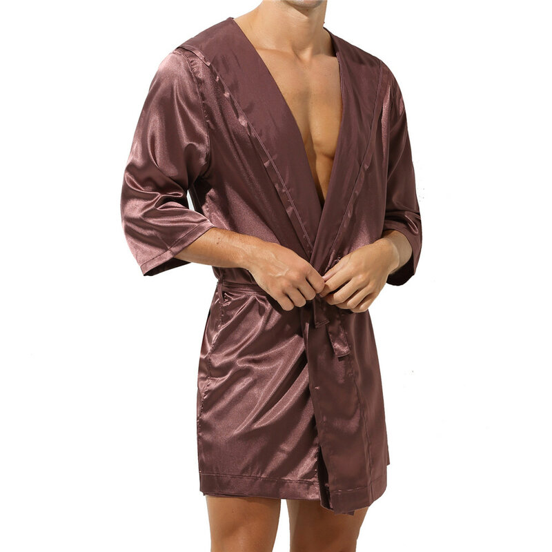 Albornoz con capucha para hombre, pijama de manga corta, bata de baño, camisón de satén de seda, Kimono suelto, ropa de dormir, Verano