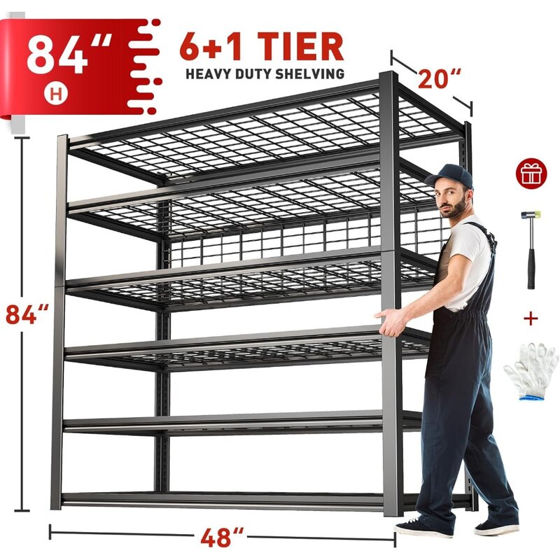 84" H Garage Shelving, 6-Tier Garage Storage Shelves Heavy Duty Shelving Loads 3500LBS, 48" W Adjustable Garage Shelves M