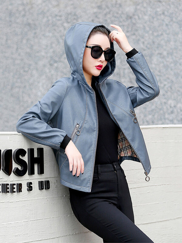 New Women Hooded Leather Jacket Spring Autumn Fashion Long Sleeve Split Leather Casual Outerwear Loose Short Sheepskin Tops Coat