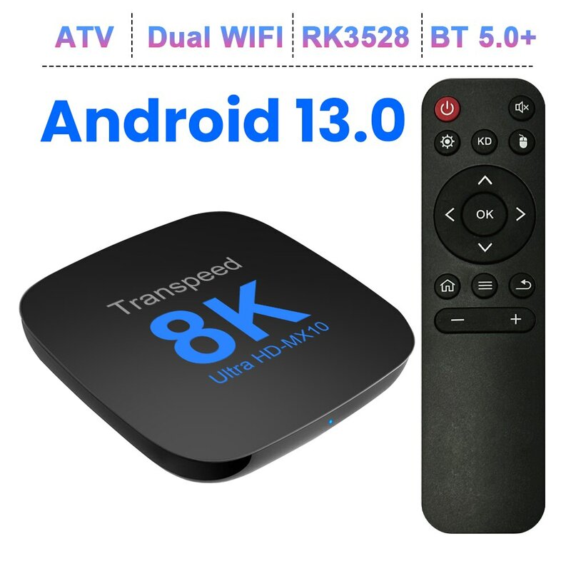 Transpeed Android 13 TV Box ATV Dual Wifi con TV Apps 8K Video BT5.0 + RK3528 4K 3D Voice Media Player Set Top Box