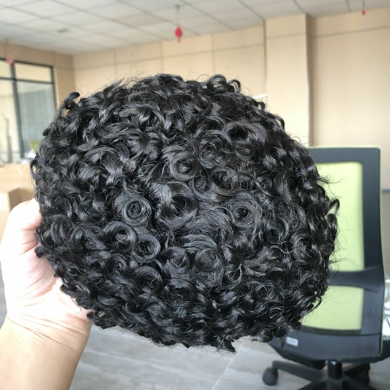 Breathable Australian Lace PU Base 100% Human Hair Natural Hairline Men Toupee 18mm Curly Man Wigs Replacement Hair Prosthesis