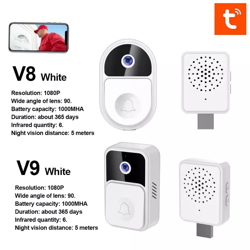 Sonnette intelligente Tuya Visual V9, Wi-Fi, interphone extérieur, surveillance à distance, étanche IP65, caméra de téléphone portable, vision nocturne HD