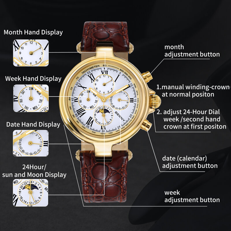 BERNY Automatic Retro Watch for Men Sun&Moon Phase Luxury Mechanical Wristwatch Luminous Seagull ST1652 Men Dress Classic Watch