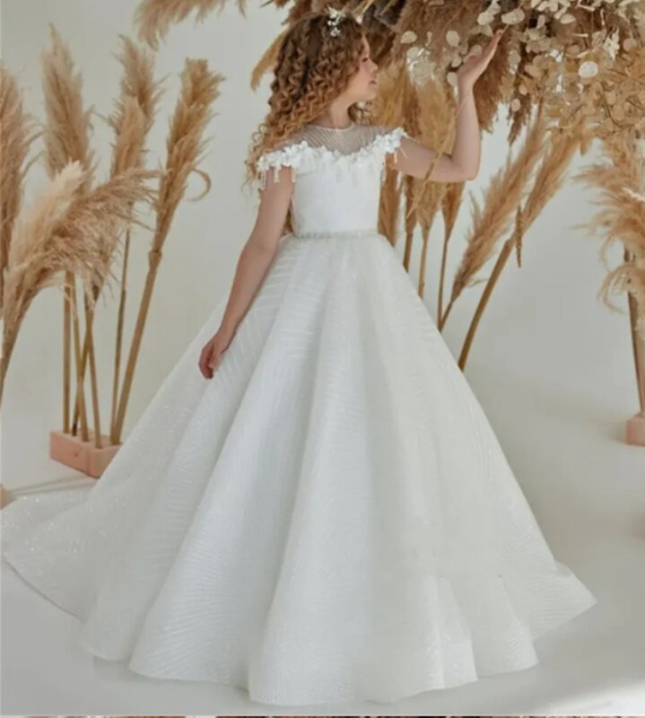 Gaun pesta ulang tahun anak perempuan, gaun rumbai elegan putih bunga pernikahan malaikat kecil bentuk huruf A