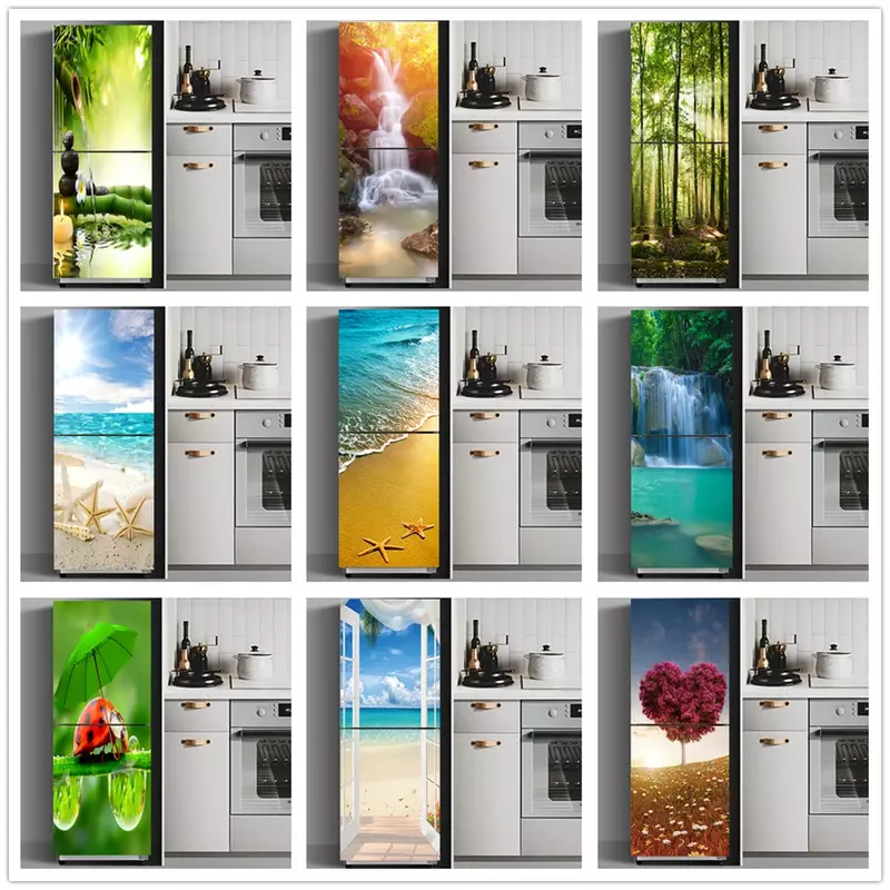 ملصق فينيل ذاتي اللصق للثلاجة ، غطاء باب ، منظر طبيعي للنباتات ، البحر ، ديكور أثاث المطبخ ، الفريزر ، DIY