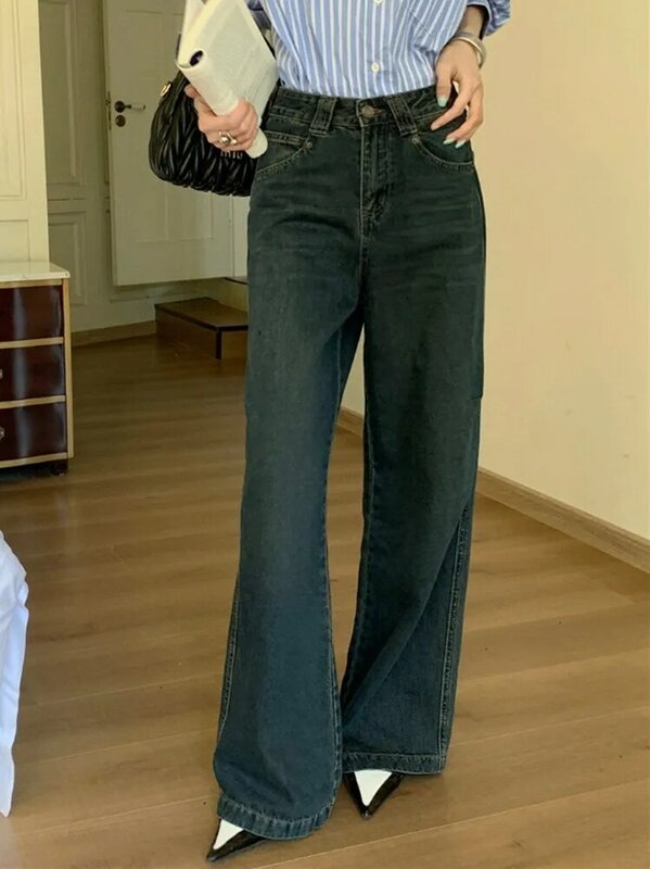 ZHISILAO-Jeans vintage de perna larga feminino, calça jeans reta de comprimento total, streetwear clássico, outono, 2023