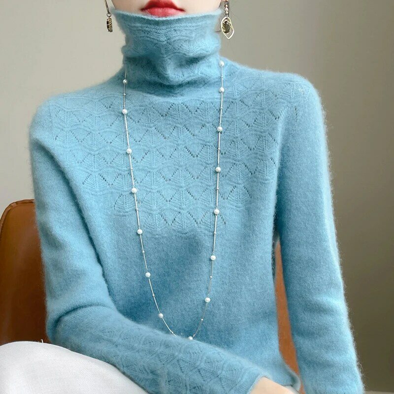 Jersey holgado de cuello alto para mujer, camisa de fondo de lana pura 100%, suéter hueco, Otoño e Invierno