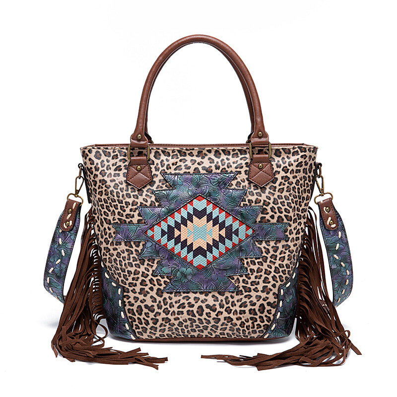 Леопардовая сумка из искусственной кожи для женщин, модная дамская сумочка на плечо с кисточками, вместительный роскошный брендовый тоут для женщин