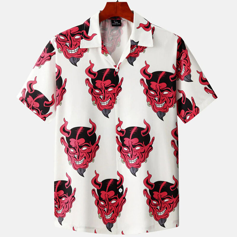 Camisa de botão manga curta masculina, com gola casual havaiana, esqueleto e estampa demoníaca, roupa de praia floral, moda vintage, verão, XS-5XL