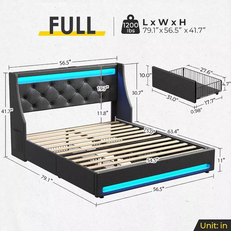 Rangka tempat tidur ganda dengan lampu LED dan stasiun pengisian daya, tempat tidur berlapis kain dengan laci, papan kayu, tanpa suara, dan mudah dirakit