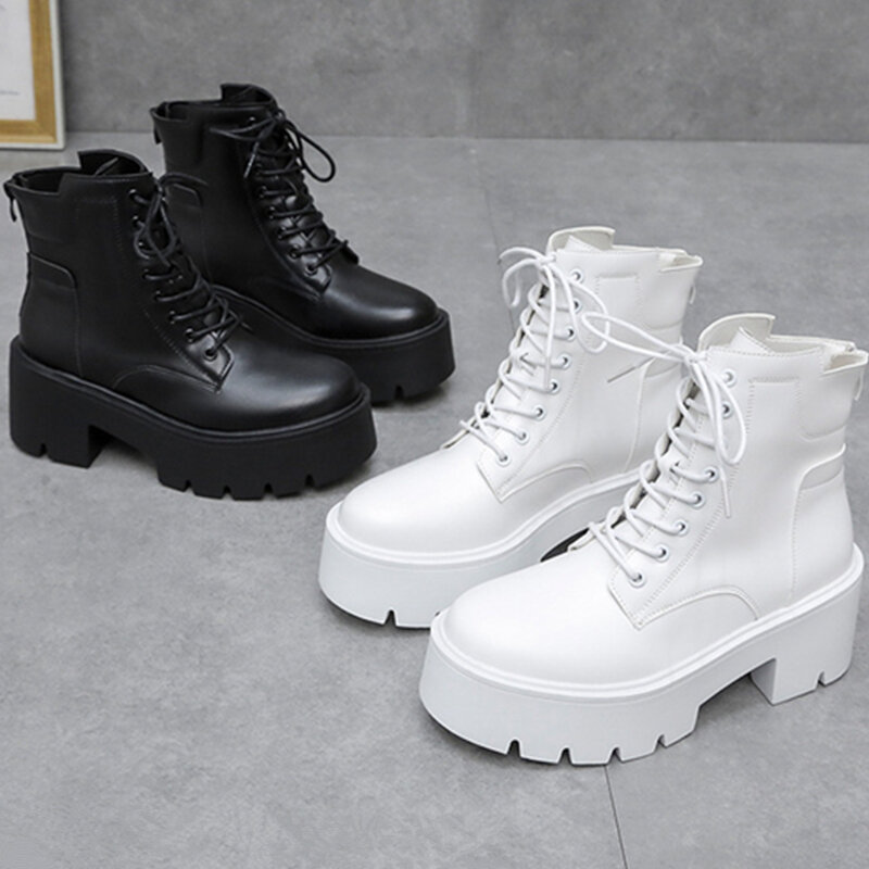 Black PU Leather Boots Women New Spring Autumn Round Toe Lace Up Shoes Woman Motorcycle Platform Boots Ladies Western Boots