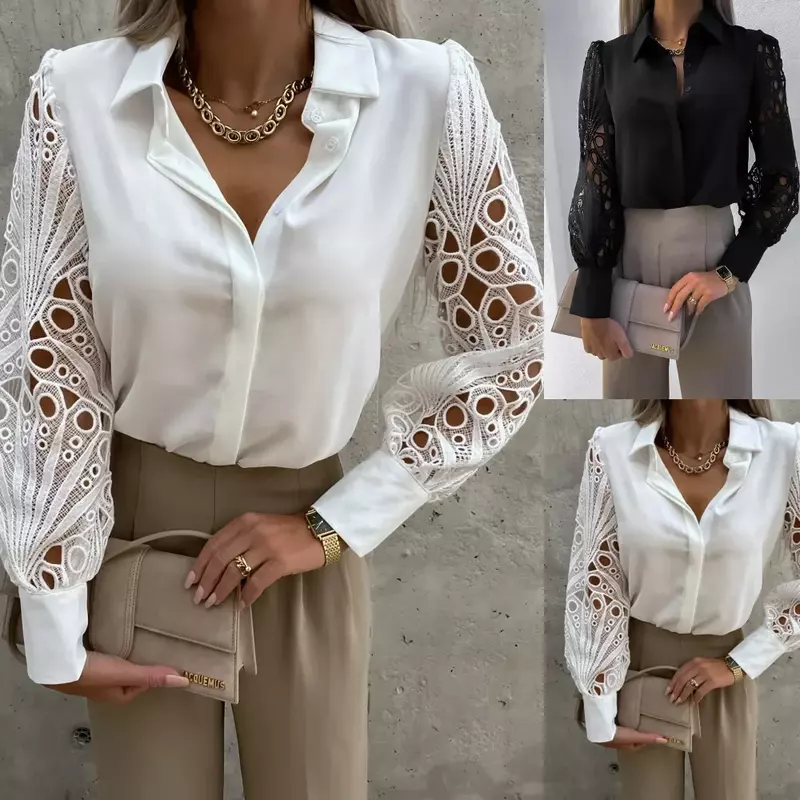 2024 Women's Blouse White Shirt Elegant V-neck Lace Sleeve Cut-out Patchwork Office Spring Summer Commuter Black Tops S-XXL