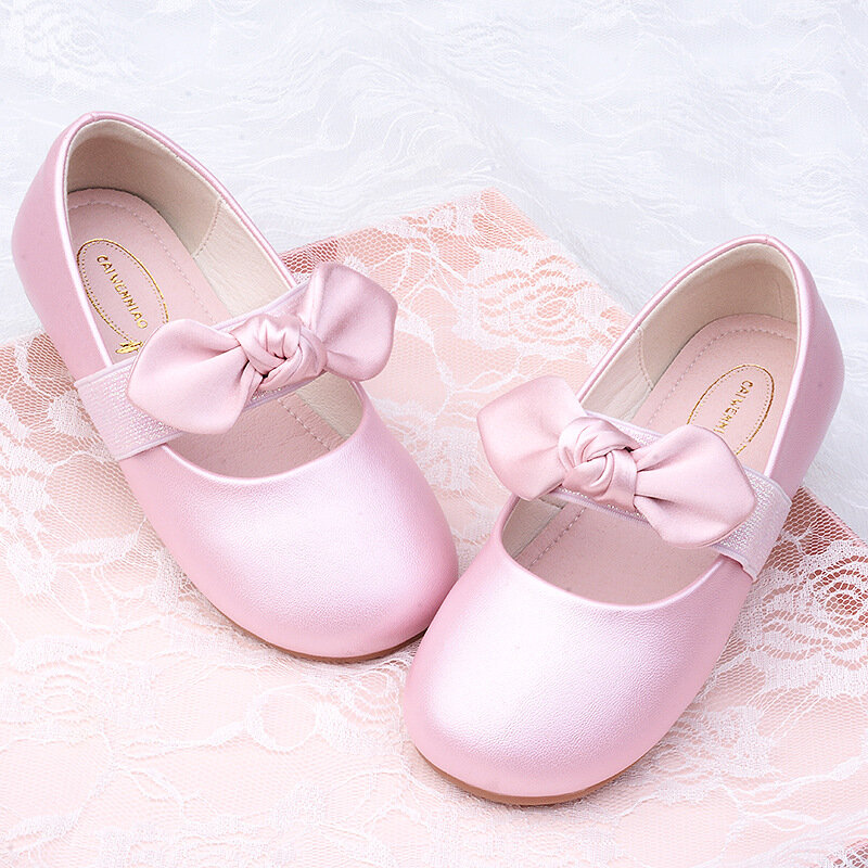 Sapatos infantis de couro com nó borboleta, Baby Performance Dance Princess Shoes, vestido de escola de estudante, sapatilhas infantis, novo, 5A