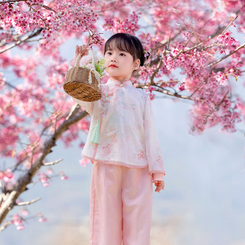 Chinese Style Hanfu Girls' Party Dresses Spring Clothes Cloud Shoulder Jacket Dress Ancient Costume for Little Girls