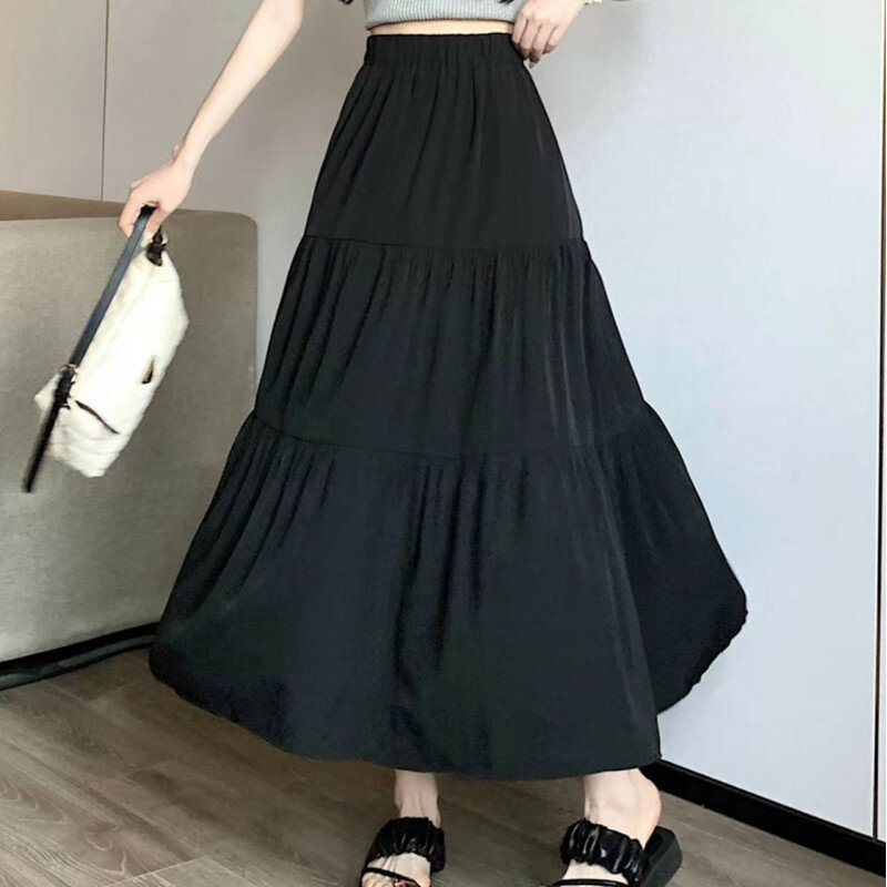 2024 Frühling/Sommer koreanische Ausgabe neue einfarbige hohe Taille plissierte Eleganz schlanke A-Linie halblanges Kleid