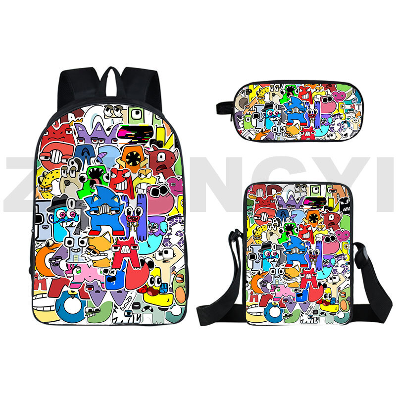 Funny Game Letter Legend Alphabet Lore Backpacks Zipper 3 Pcs/Set Japanese High School Bags 3D Cartoon Pencil Case Crossbody Bag