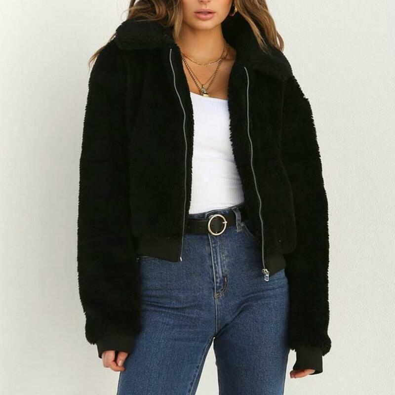 Abrigo de felpa para mujer, chaqueta cálida y elegante de Color liso, con bolsillos de solapa, puños elásticos suaves, para invierno