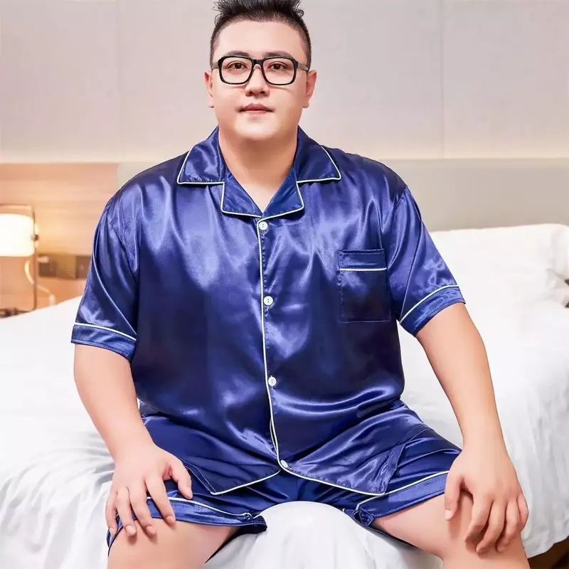 Conjunto de pijama de seda gelo masculino, tamanho grande, manga curta, shorts, loungewear, verão