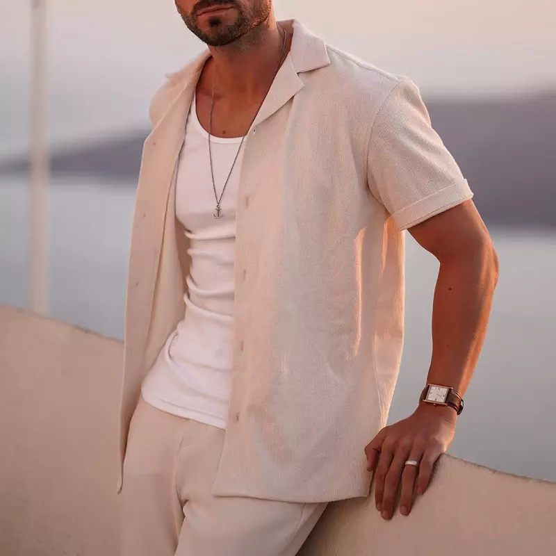 Camisa de malha abotoada com lapela masculina, manga curta, tops de cor sólida, roupa casual, tricô solto, moda vintage, verão