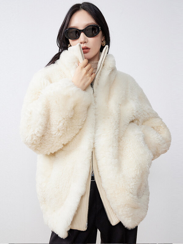 Outono e inverno estilo destacável gola de lã de cordeiro manga longa casaco de pele feminina