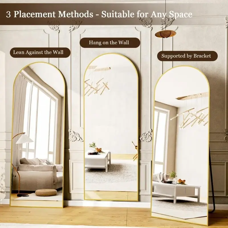 Arch Mirror Full Length Floor Mirrors with Stand, Alloy Full Body,Hanging Leaning Against Wall for Bedroom and Living Room,Gold