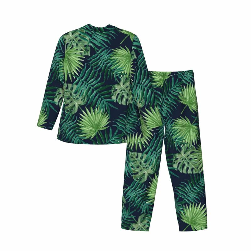 Pijama de hojas tropicales para hombre, ropa de dormir con estampado de palmeras, conjunto informal de manga larga, traje romántico de gran tamaño para el hogar, 2 piezas