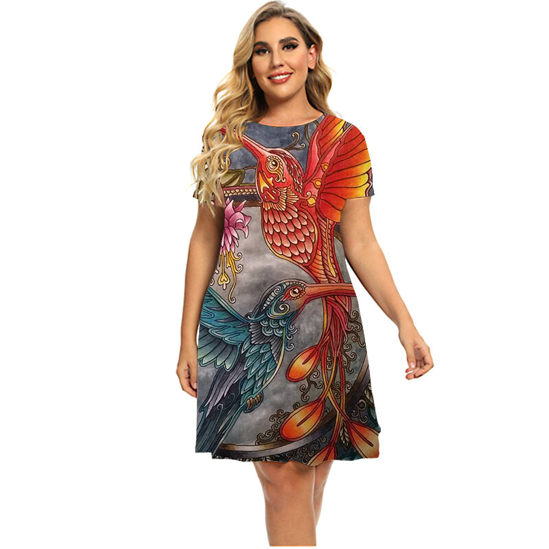 女性のための大きな花柄のサマードレス,ルーズ,カジュアル,半袖,鳥のパターン,最大6XLのラージサイズ,2023