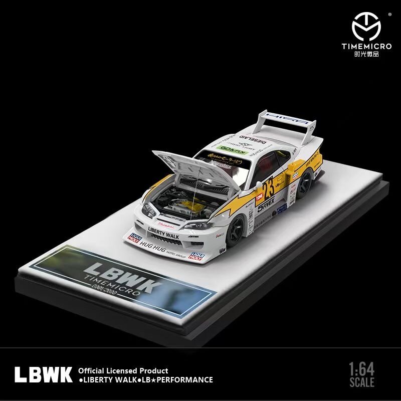 TM In Stock 1:64 LBWK Silvia S15 Open Hood Yellow Lightning Diecast Diorama Car Model Collection Miniature Carros Toys TimeMicro