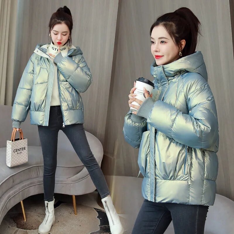 2022 New Fashion Winter Glossy Female Down Cotton Outcoat Short Hooded Women's Jacket Leisure Keep Warm Lady Student Parka Coat