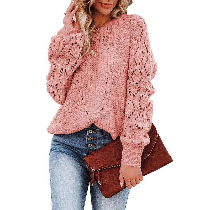 Sweater wanita atasan longgar warna polos, Sweater wanita leher bulat pola berongga, atasan longgar musim gugur dan musim dingin