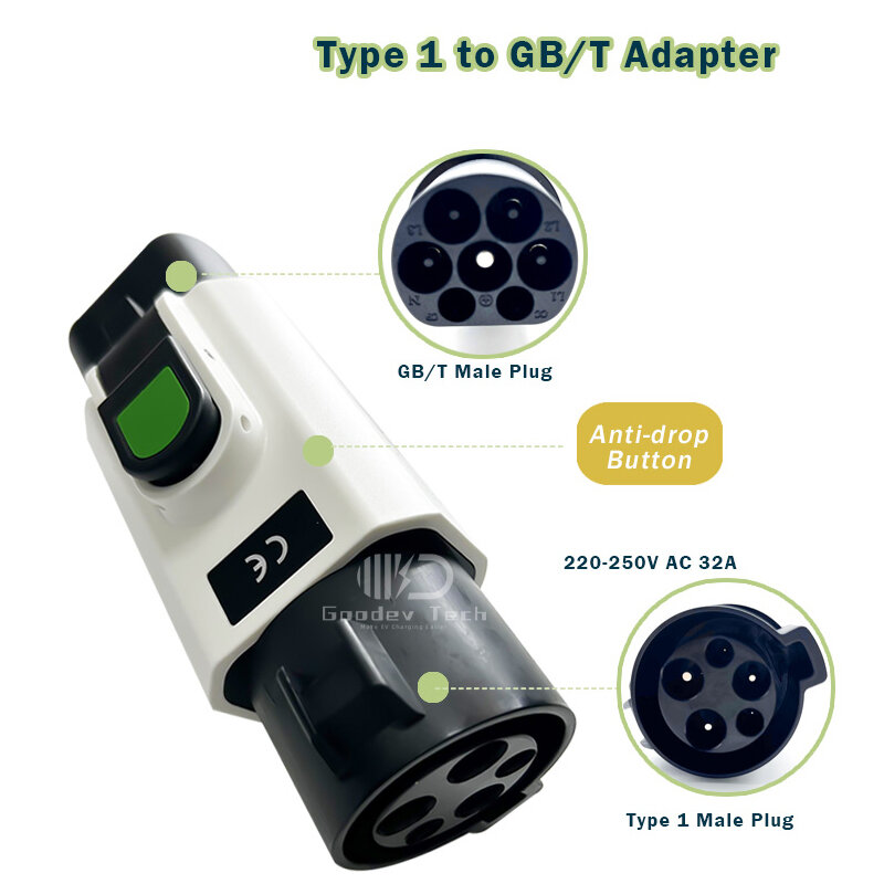 Adaptor pengisi daya EV 32A tipe 1 J1772 ke GBT GB/T konektor pengisi daya kendaraan mobil listrik