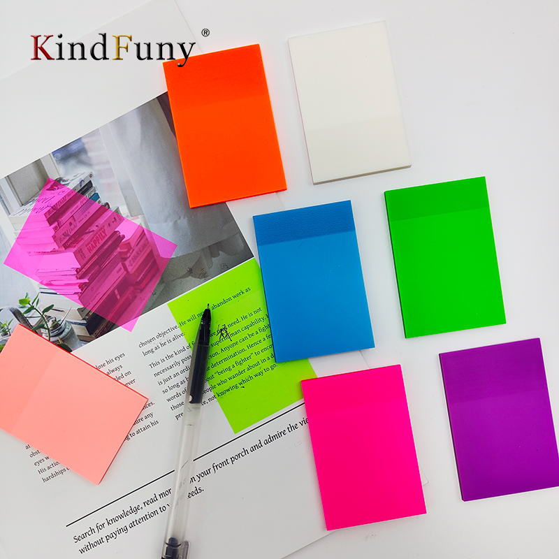 KindFuny-Transparente Sticky Note Memo Pad Adesivos, impermeável, Clear Notepad, Papelaria Escola, Material de Escritório, 7 Cores