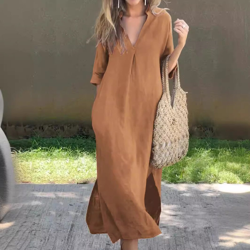 2024 Women's Long Dress Summer Casual Fashion Loose Women's Dress With Slits On Both Sides V-Neck 7-quarter Sleeves