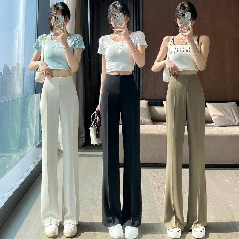 Lato kobiet garnitur spodnie 2023 Sexy proste spodnie kobiet płynu Black Ice jedwabiu wysokiej talii koreański styl mody eleganckie na co dzień