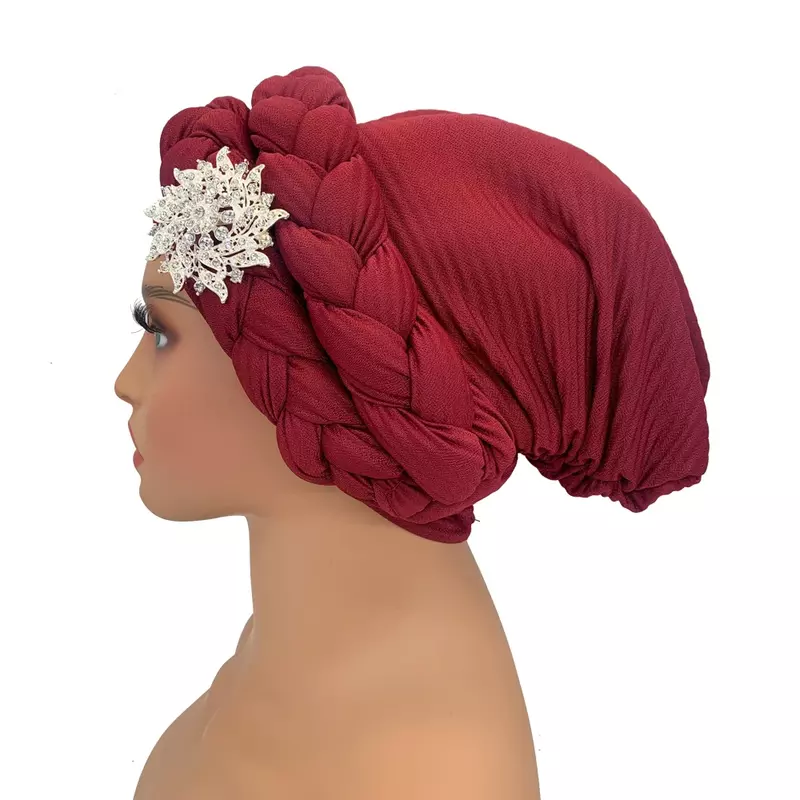 Fashion Double Braid Halo Turban Cap for Women Diamonds Flower Deco African Head Wraps Soft Headscarf Bonnet Nigeria Headtie