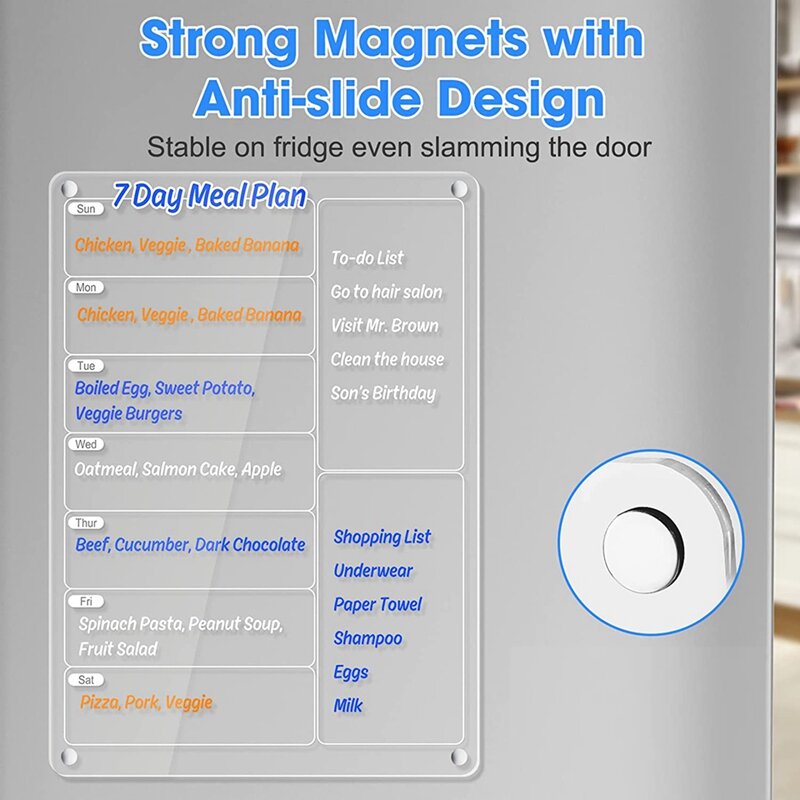 冷蔵庫用の透明な磁気メニューボード、週次カレンダープランナー、メモボード冷蔵庫、乾式消去アクリルボード、ミールプランナー、1セット