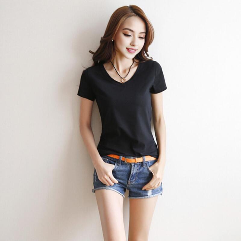 Women T shirt Stylish Women's V neck Summer T shirt Slim Fit Solid Color Pullover Tops for Streetwear Short Sleeve
