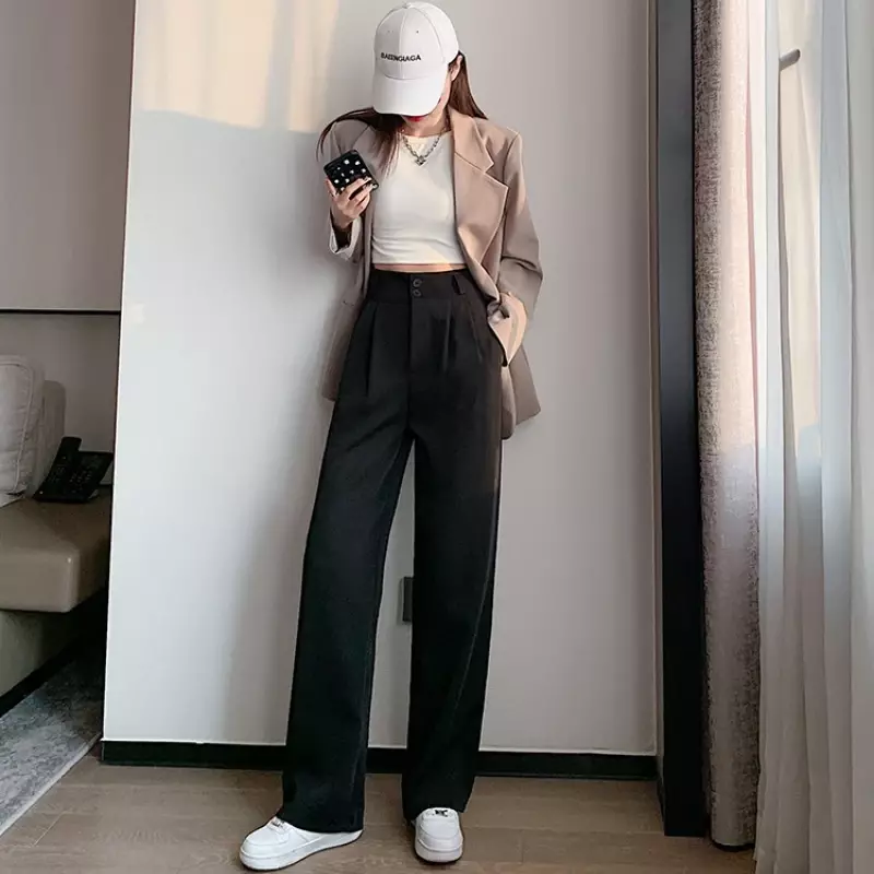 Dayifun preto terno calças para mulher 2 botões de perna larga calças streetwear vintage alta moda ulzzang trabalho bottoms