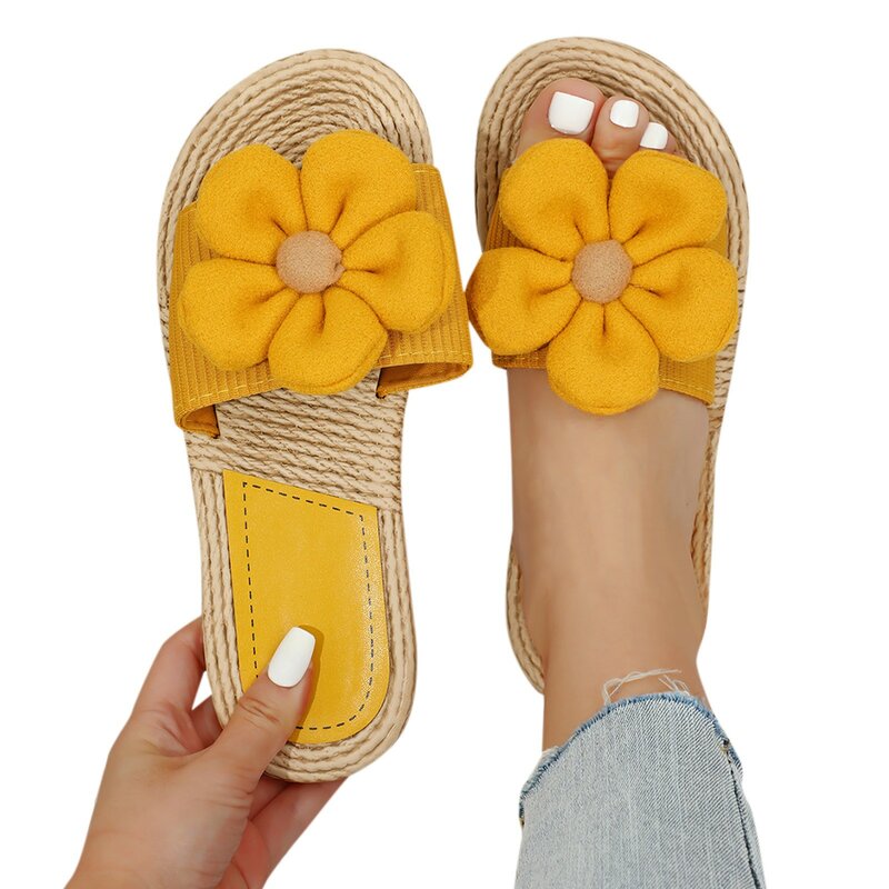 Zapatillas de suela de paja Artificial para mujer, chanclas planas de verano para interiores con costuras florales, Sandalias