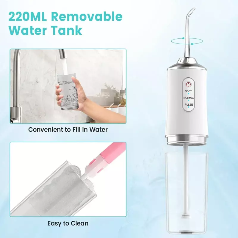 Idropulsore dentale portatile irrigatore orale USB ricaricabile filo interdentale Jet Tooth Pick 4 punte 220ml lavatrice per bocca