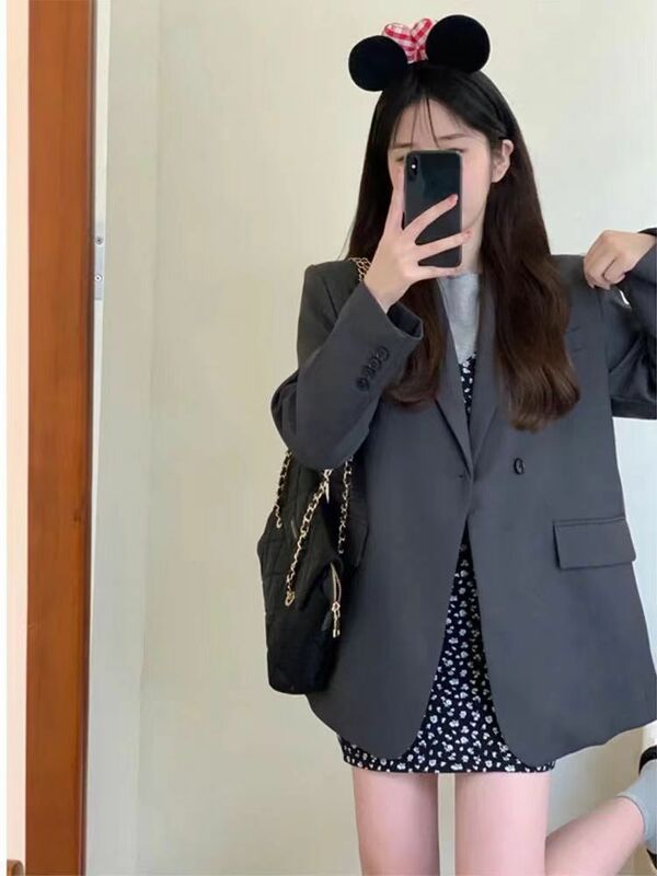Spring Autumn Higher Quality Gray Blazer Women Korean Fashion Suit Oversized Cropped Jacket Office Ladies Clothing Outerwears