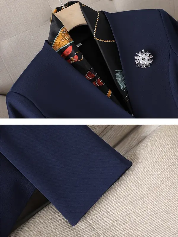 Traje de pantalón con estampado de retazos para mujer, chaqueta ajustada con cuello en V, conjunto Formal de 2 piezas, color blanco y azul