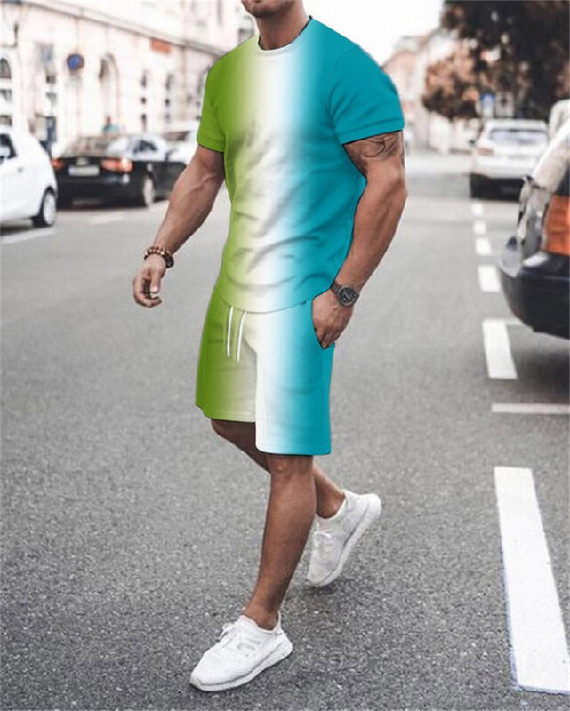 Streifen Farbverlauf 3D-Druck Herren Trend T-Shirt Set Sommer Rundhals-T-Shirt Shorts 2 Stück Set Mode Kleidung Pullover Trainings anzug