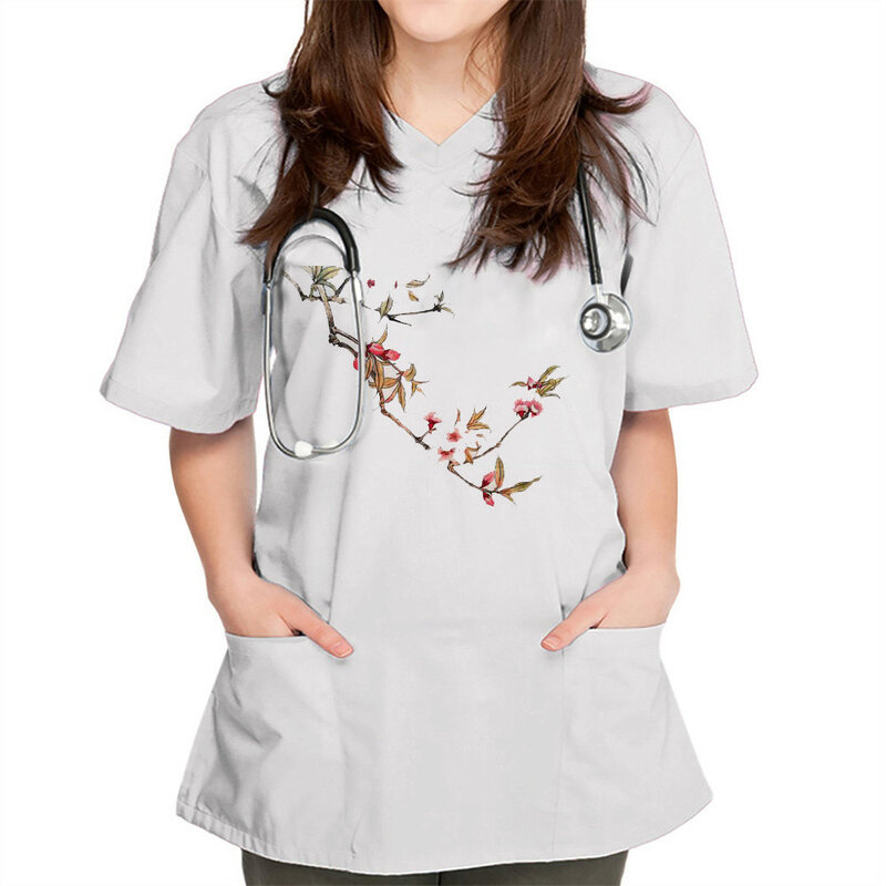 Uniforme de enfermera con estampado floral para mujer, camiseta de manga corta con cuello en V, uniforme de trabajo, bolsillo estampado, nuevo estilo