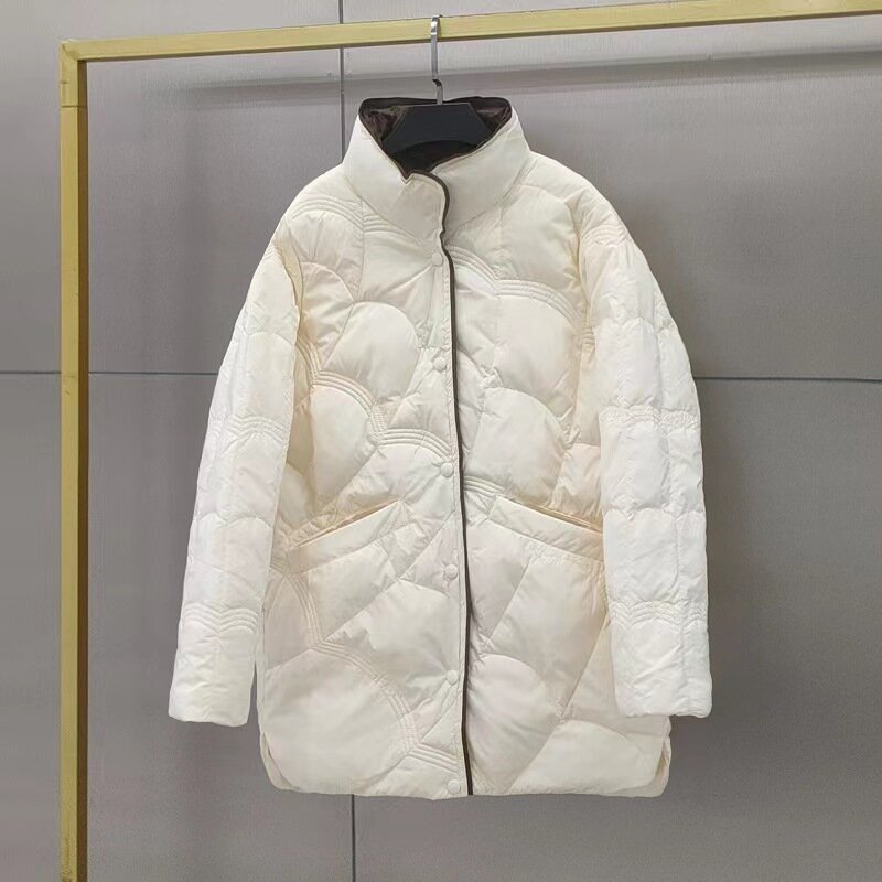 Down Jacket New Women's Medium And Long Light Stand Collar Large Size Loose White Duck Down Color Contrast Fashion Comfortable