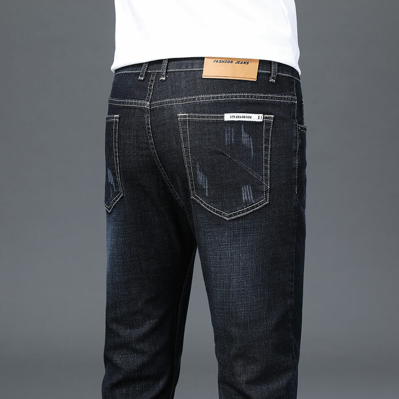2024 wiosenny klasyczny styl męski niebieski regularny krój Jeans biznes Casual Stretch spodnie dżinsowe męskie spodnie markowe spodnie ołówkowe