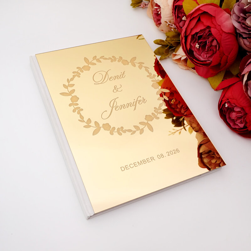 Гостевая книга для свадебных подписей разных стилей на заказ, персонализированная Золотая/серебряная зеркальная Обложка, пустые белые страницы, оформление искусственной кожи